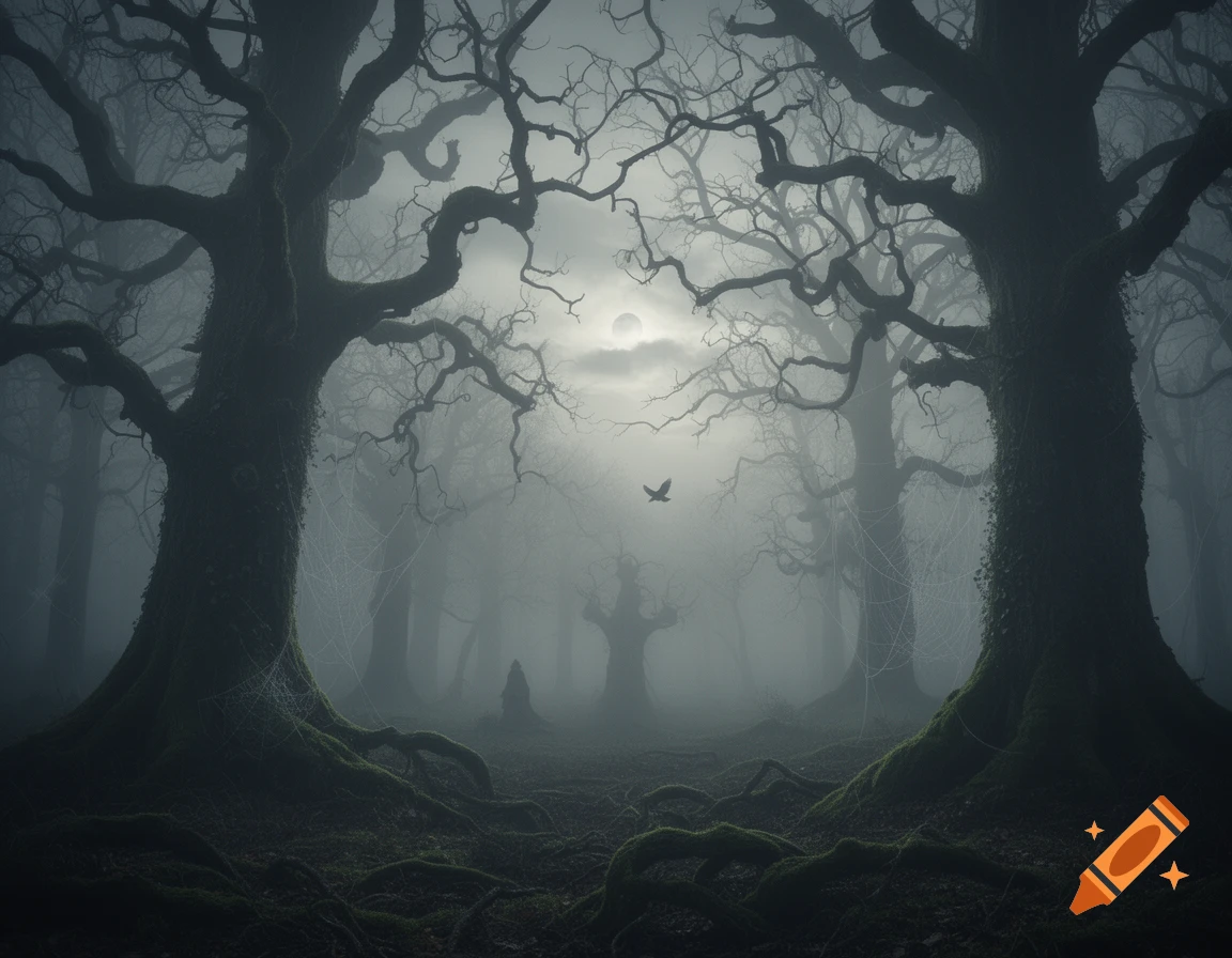 A moody, dark, and foggy forest with ancient gnarled trees, roots, spiderwebs, a moon, and a distant bird.