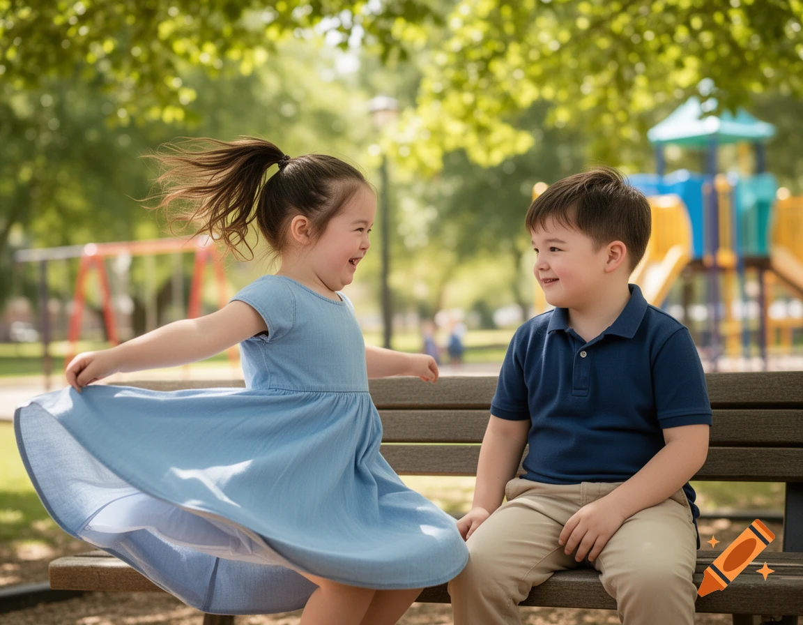 A young girl in a blue dress spins joyfully next to a smiling boy sitting on a park bench, with green trees and a playground in the background.