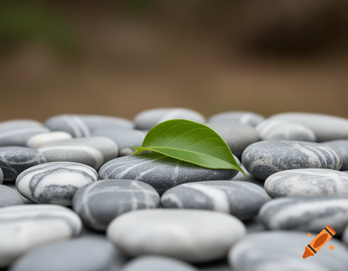 A single vibrant green leaf rests atop a collection of smooth, striped grey and white pebbles.