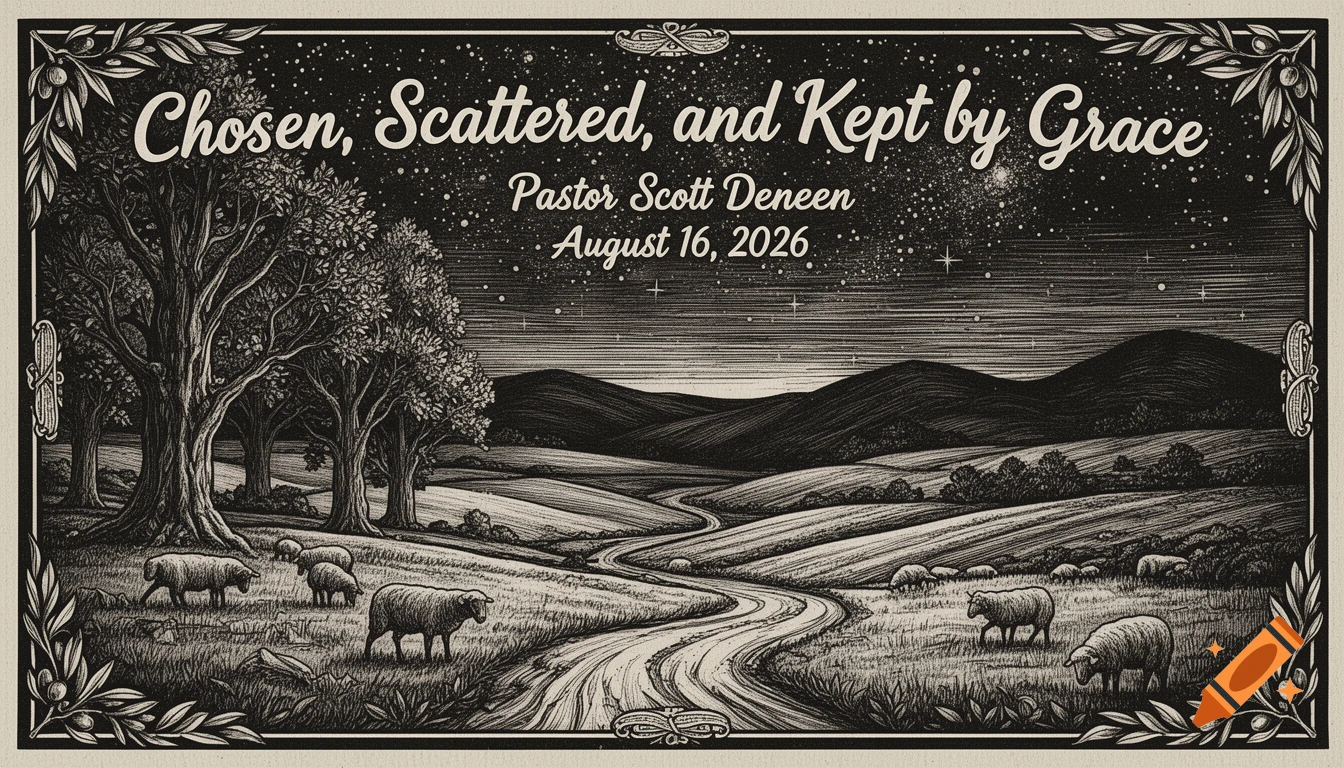 Woodcut illustration of a starry night landscape with sheep, trees, a winding path, and religious text.