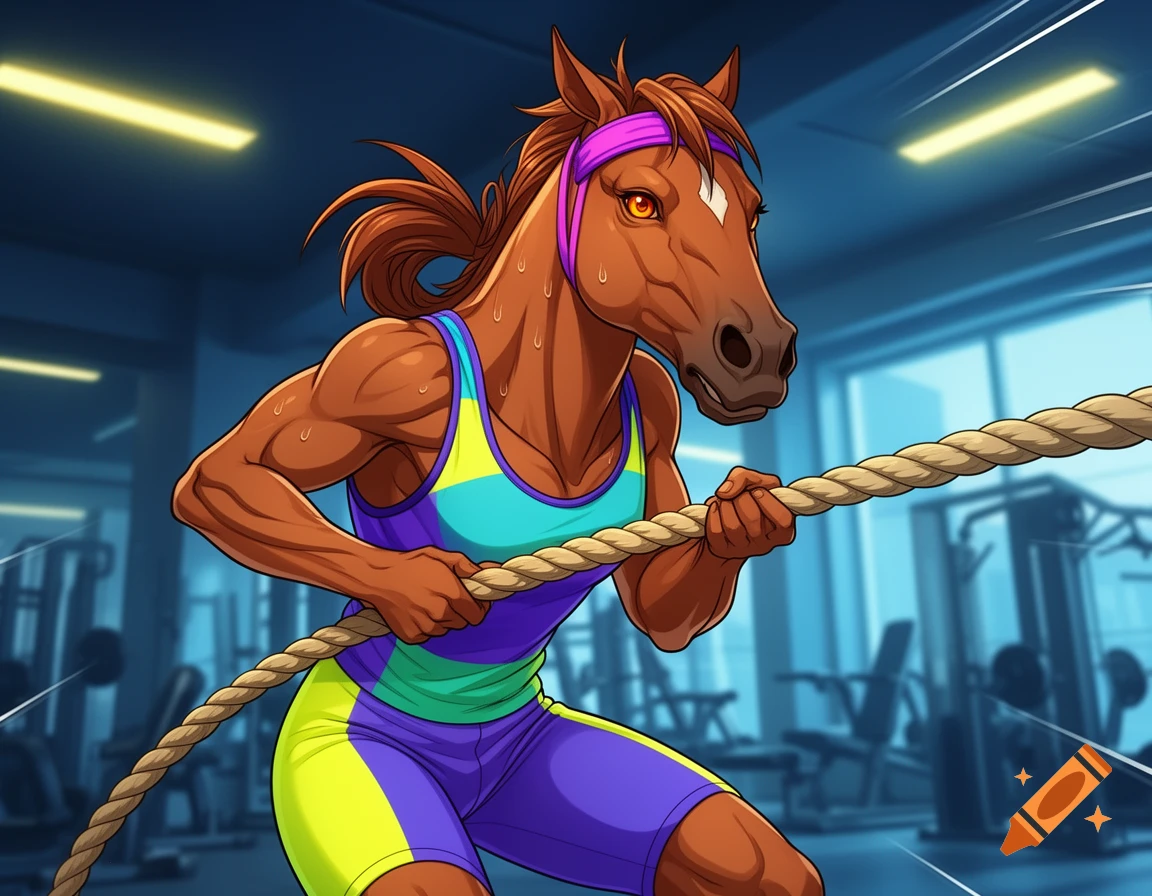 An anthropomorphic horse in a workout outfit with a strained face pulls a rope in a gym, cartoon style.