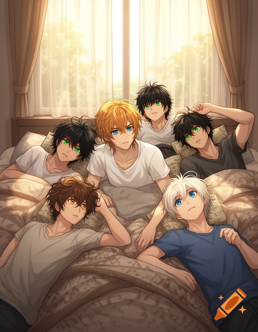 Five anime men with varying hair and eye colors lounge on a bed in a sunlit room.