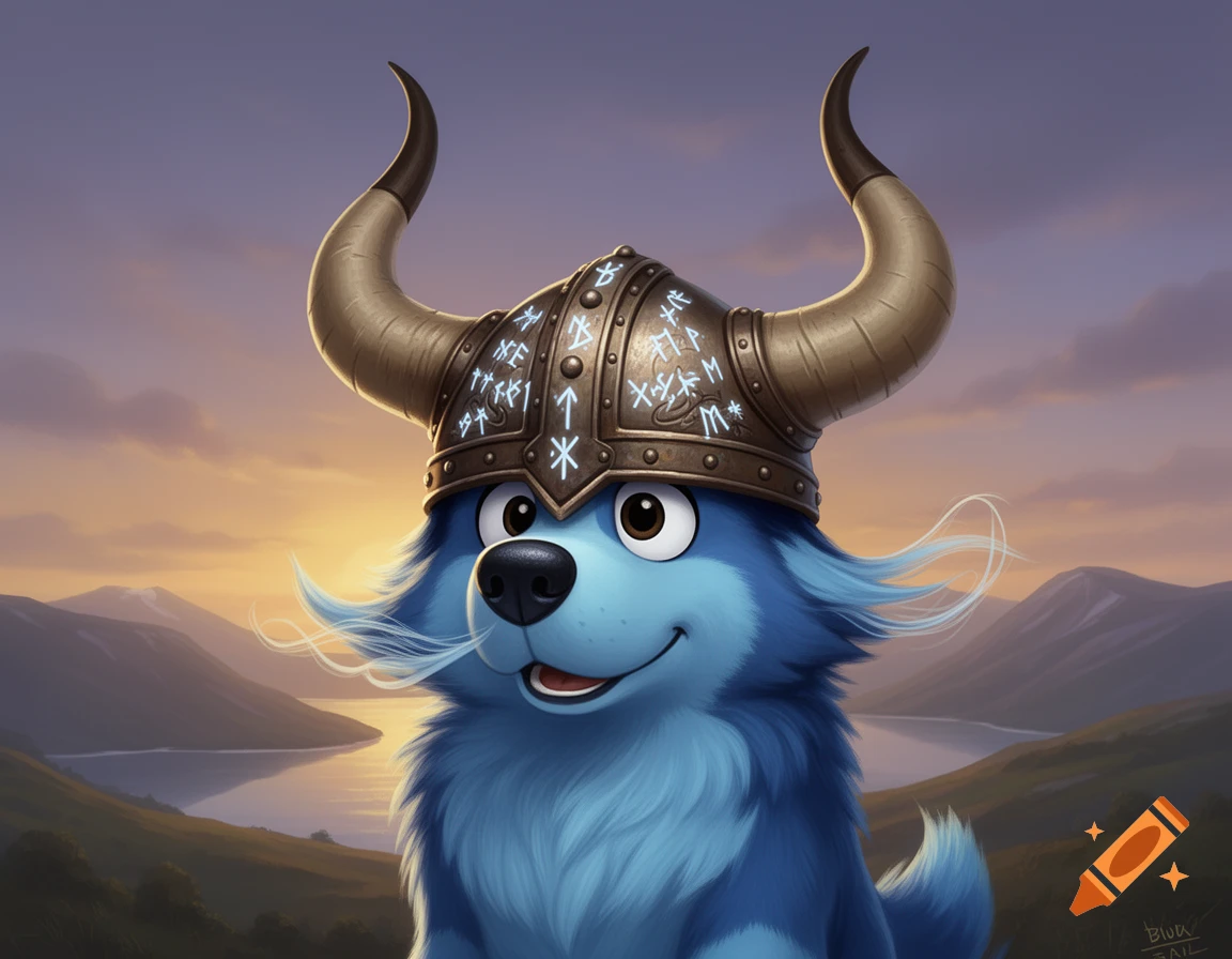 A cute blue furry cartoon dog-like creature with a Viking helmet with curved horns and runic symbols, against a sunset landscape with mountains and a lake.
