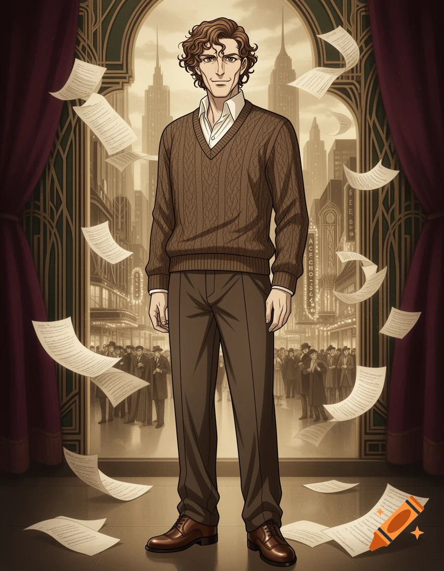 A full-body anime illustration of a man with curly brown hair wearing a brown sweater and pants, with papers floating around him in a 1920s city.
