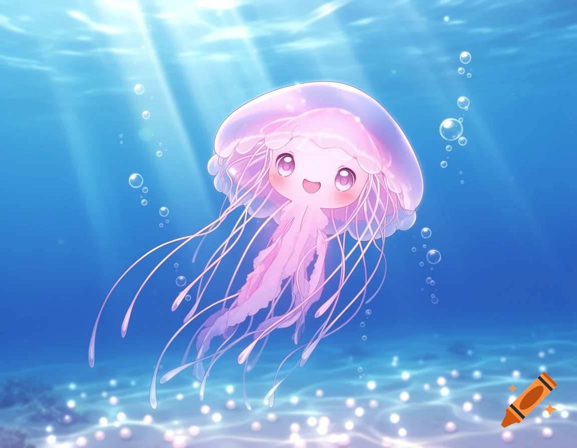 A cute, happy pink and purple anime-style jellyfish swims in a blue ocean with sunrays and bubbles.