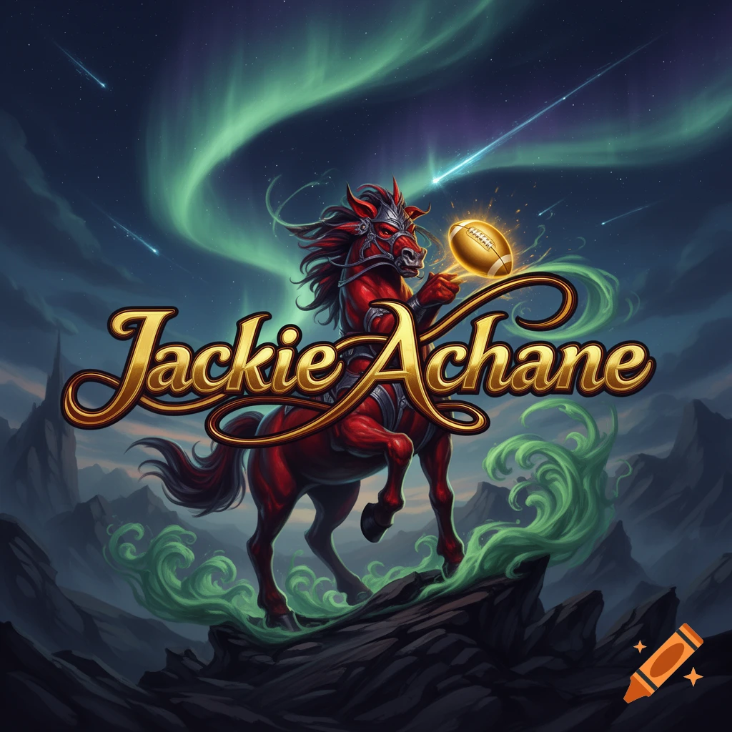Red fantasy horse creature holding a glowing football, with 'Jackie Achane' text, under an aurora night sky with shooting stars, digital art.