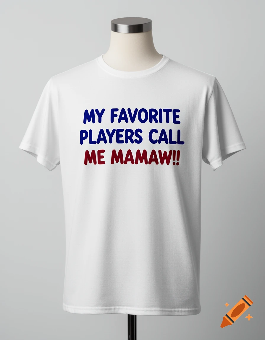A white t-shirt on a mannequin with the text "MY FAVORITE PLAYERS CALL ME MAMAW!!" in blue and red.
