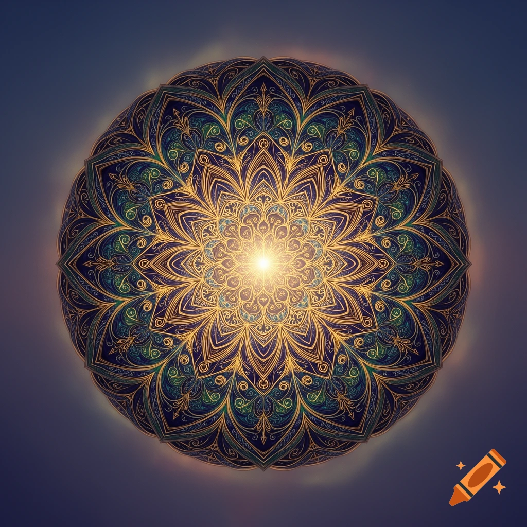 Vibrant, intricate mandala with gold, green, and blue patterns emanating from a bright central light.