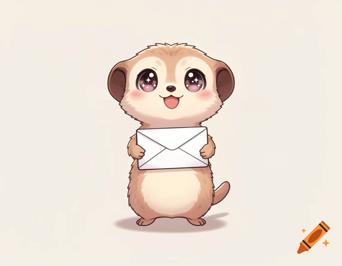 A cute kawaii cartoon meerkat with sparkling eyes holding a white envelope on a neutral background.
