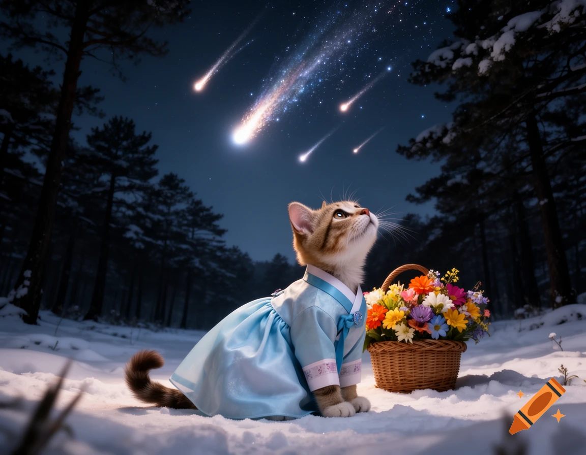 A cute tabby cat in a light blue hanbok sits in a snowy forest, looking up at a night sky filled with bright shooting stars, with a basket of colorful flowers beside it.
