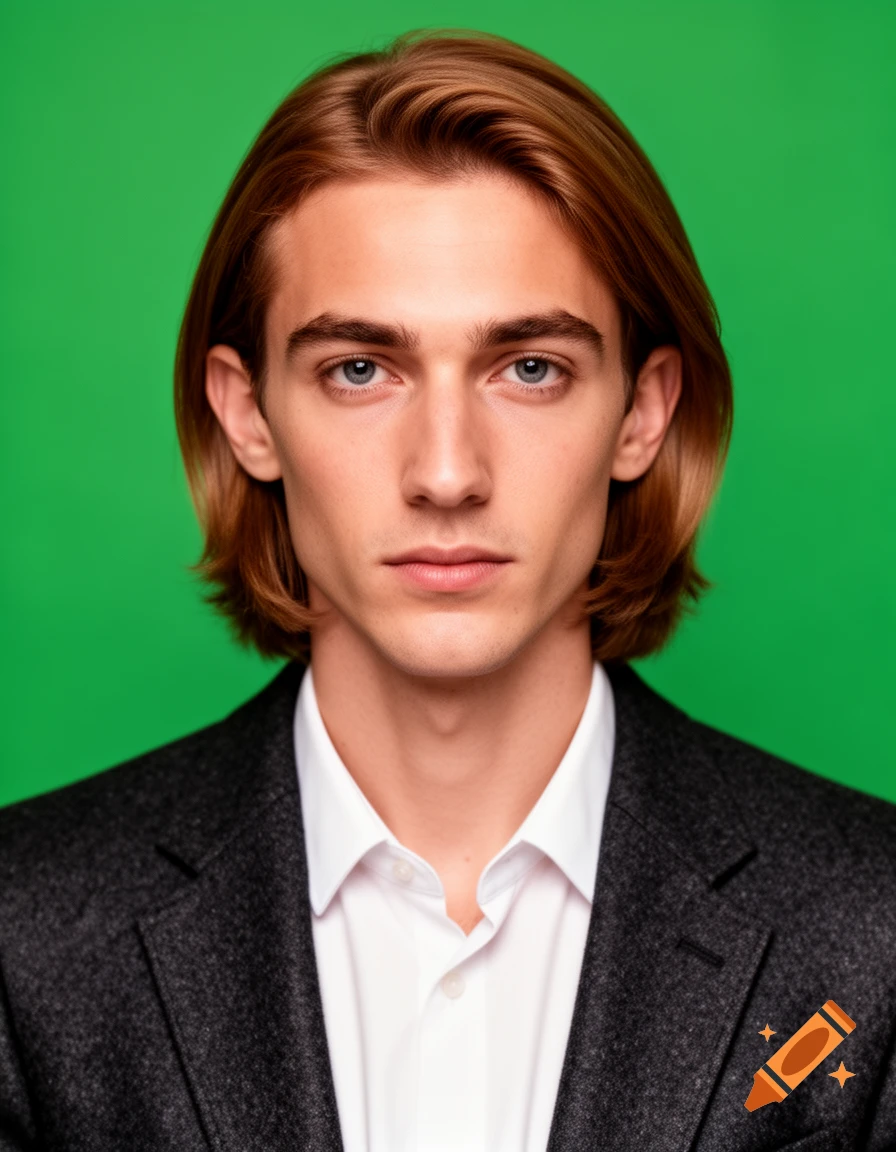 Photorealistic portrait of a young man with long brown hair and blue eyes, wearing a white shirt and dark blazer against a solid green background.