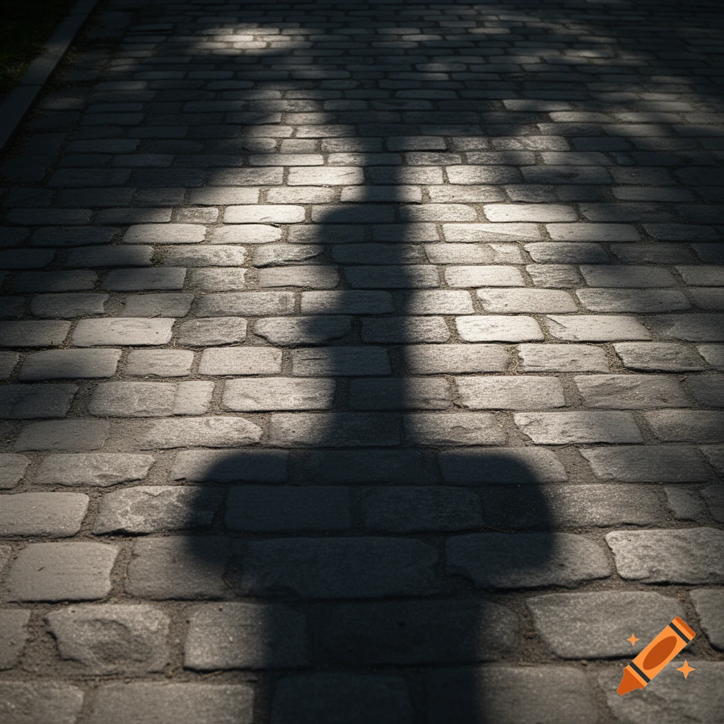 A long shadow stretches across a sunlit cobblestone path, with dappled light from overhead trees.