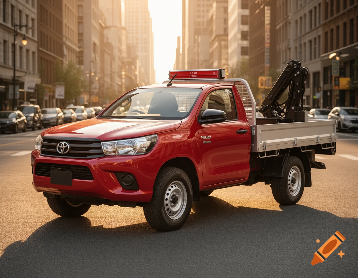 A red Toyota Hilux flatbed pickup truck with a loading crane and roof-mounted toolbox is parked on a city street at sunset, with buildings and other cars in the background.
