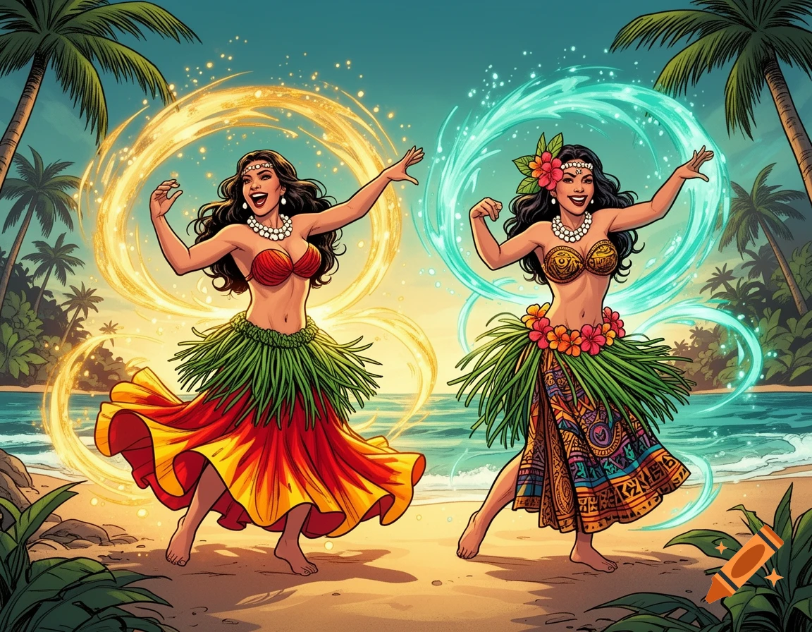 Two women in hula dancer attire on a tropical beach, surrounded by swirling golden and turquoise magical energy in a comic book illustration style.