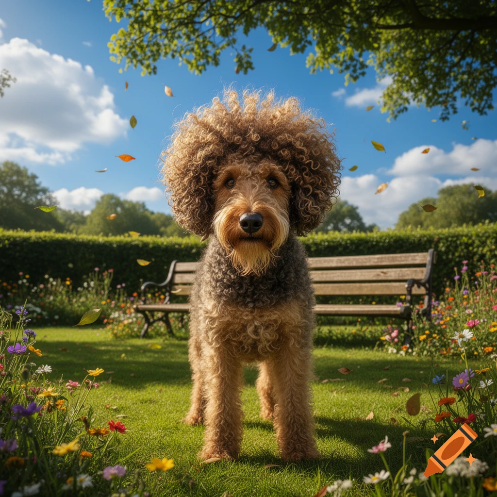 Photorealistic Airedale terrier with a curly afro stands in a sunny park with flowers and falling leaves.