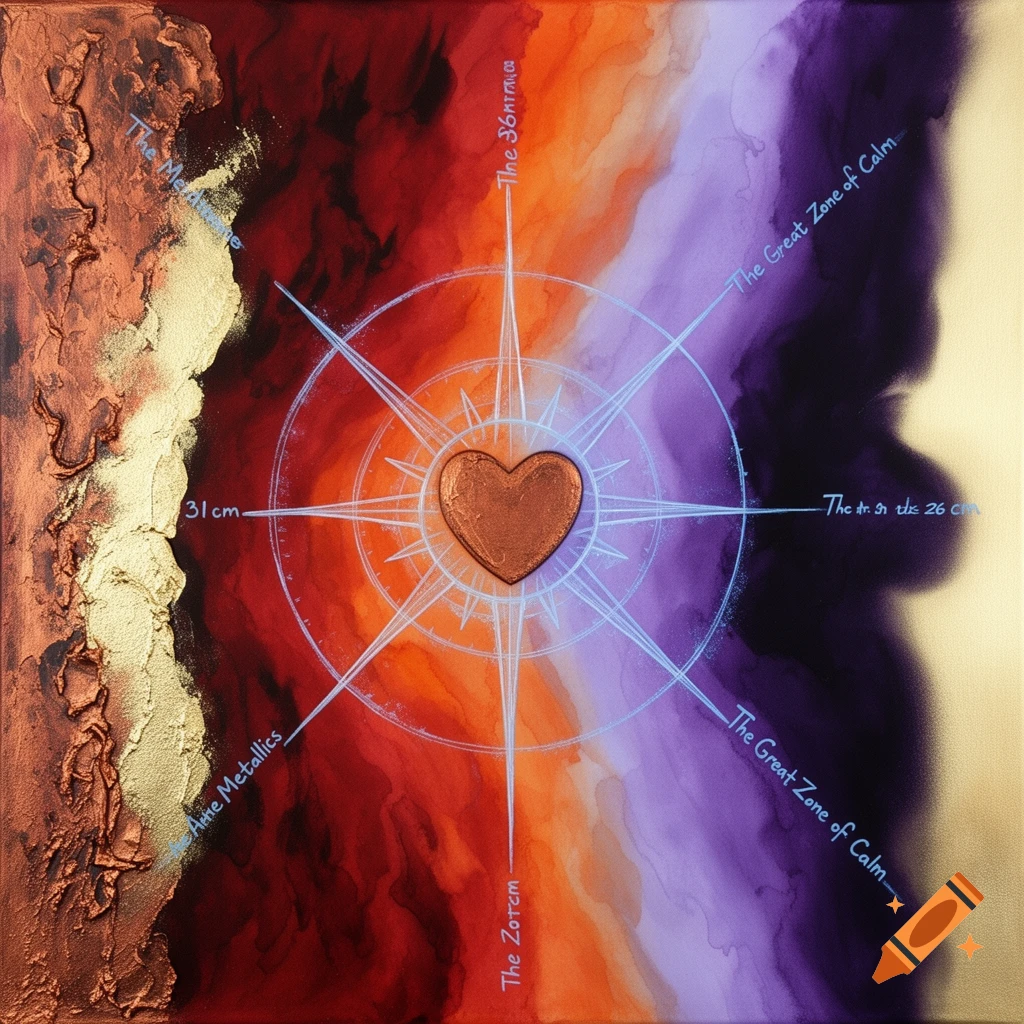An abstract artwork with a copper heart at the center of a compass design. The background transitions from dark red and terracotta on the left to purple and gold on the right. Textured gold and copper accents are on the left side, with light blue lines forming the compass.