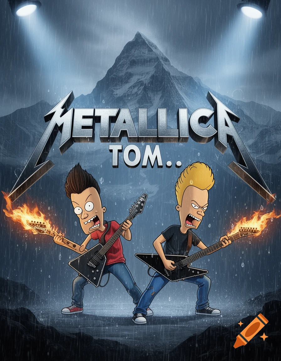 Beavis and Butthead play flaming guitars under a Metallica-style logo with Mount Everest in the rainy background.
