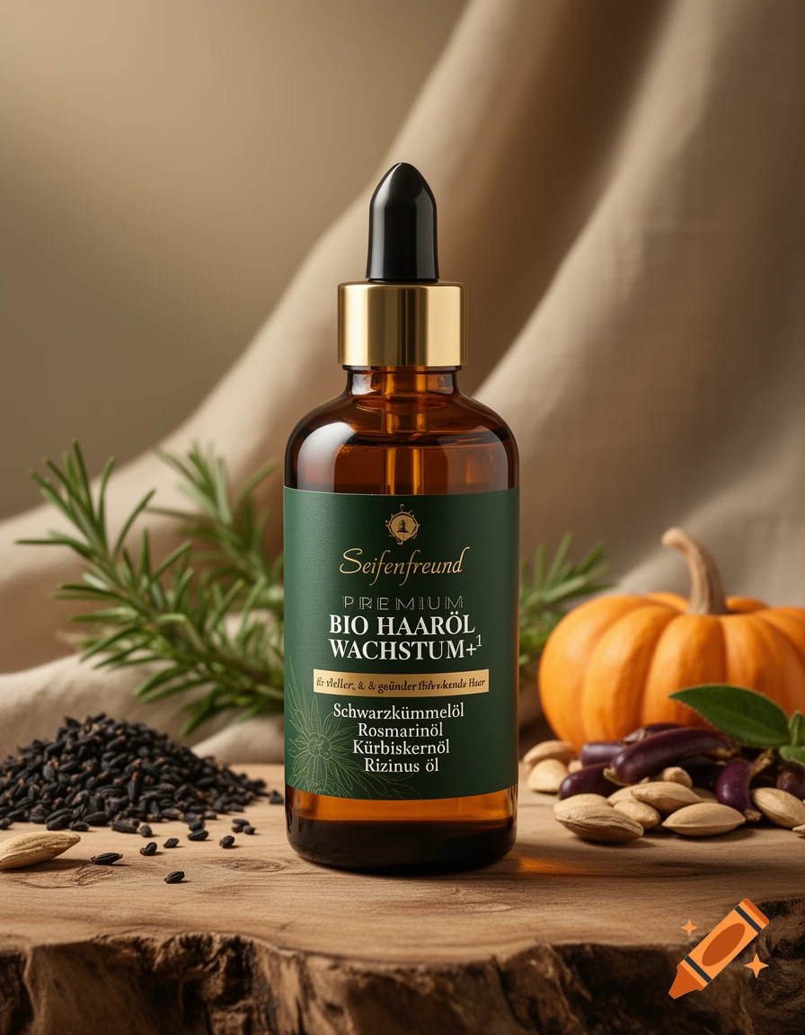 A photorealistic image of a dark amber bottle of hair oil with a green label on a wooden surface, surrounded by rosemary, black seeds, almonds, and a small pumpkin.