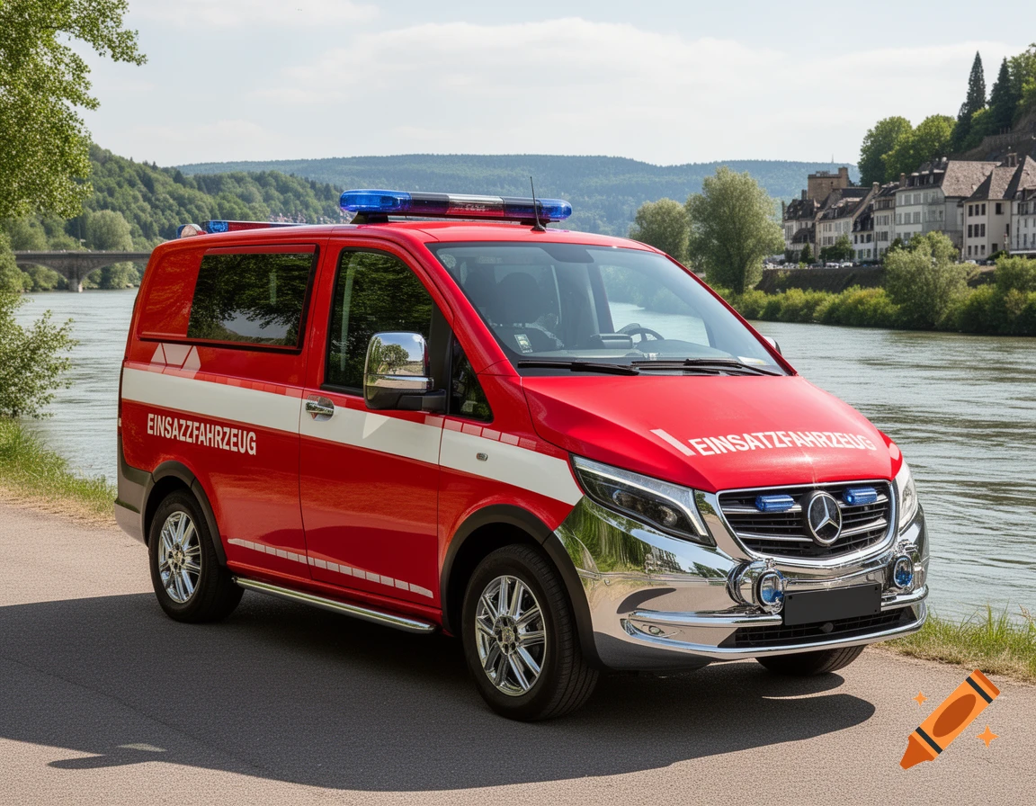 A red and white emergency van with blue lights parked on the side of a river, with a town and trees in the background.