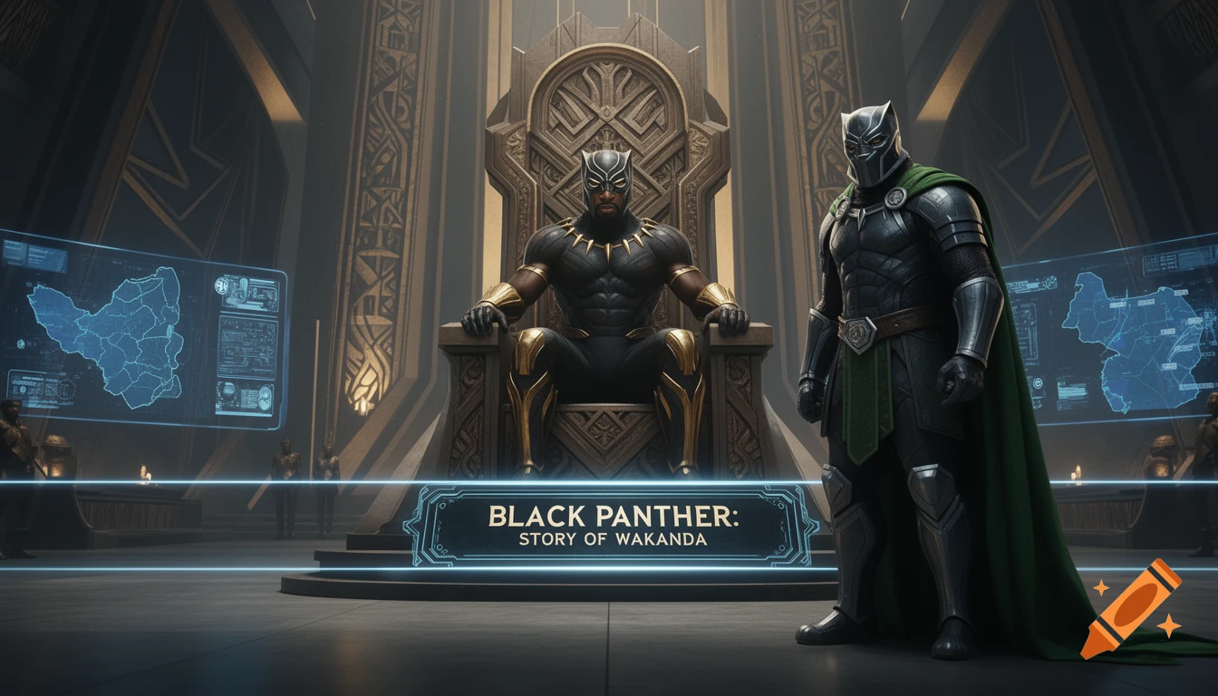 Black Panther on a throne and a Doctor Doom-like character in a futuristic throne room, with a "BLACK PANTHER: STORY OF WAKANDA" title banner.