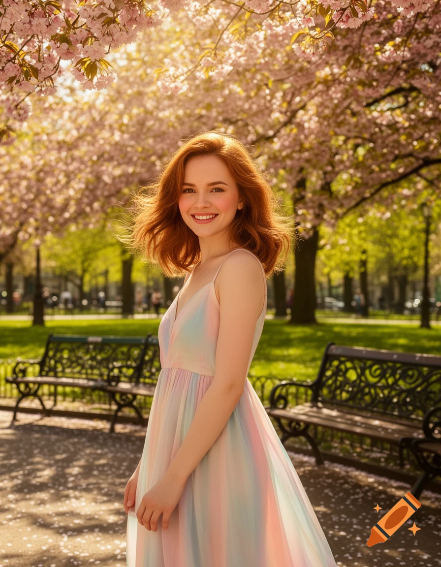 Smiling woman with red hair in a pastel dress in a sunny park with cherry blossoms.