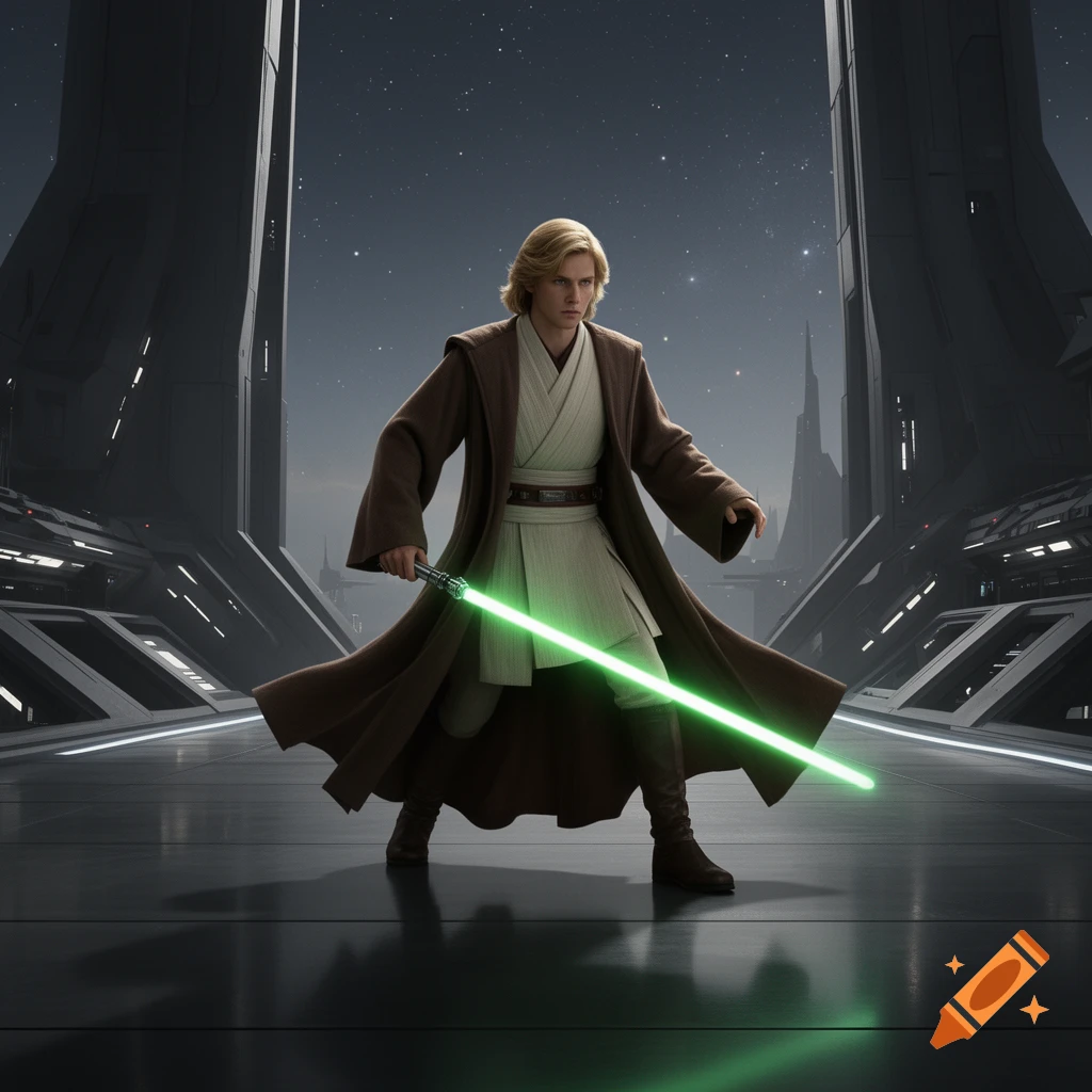 A photorealistic image of a male Jedi character with brown robes, blond shoulder-length hair, and a green lightsaber, standing in a futuristic Star Wars-like environment.
