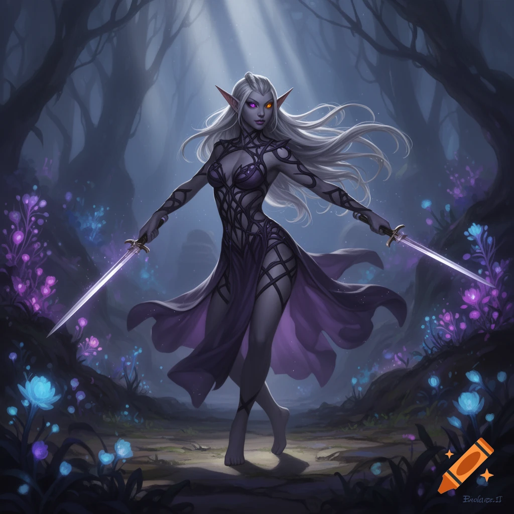 A dark elf with long silver hair, glowing purple and amber eyes, wearing a dark ornate dress, stands barefoot in a mystical forest, holding two swords.