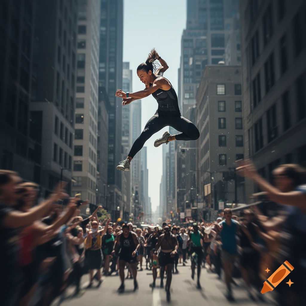 A photorealistic image of a woman leaping high above a blurred crowd on a city street lined with skyscrapers.
