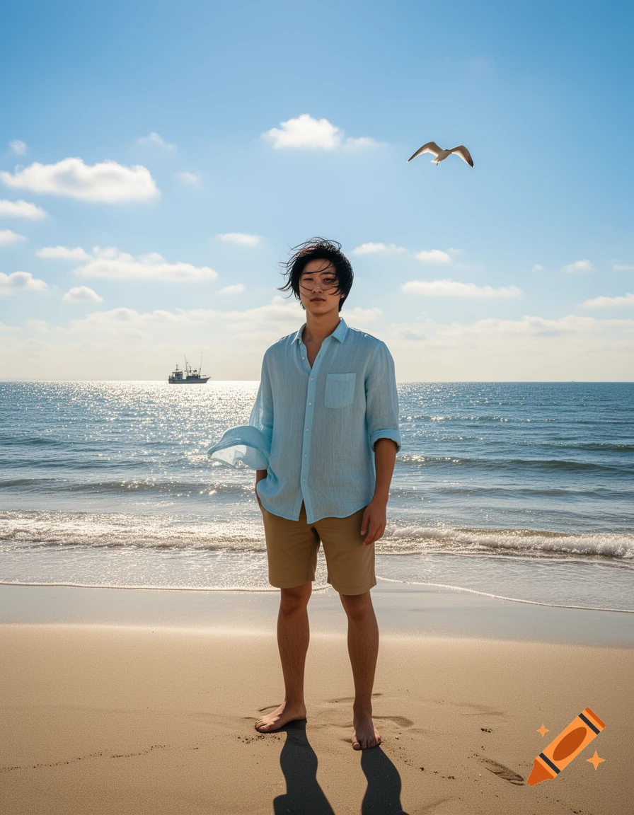 A young man with dark hair stands on a sunny beach, wearing a light blue shirt and khaki shorts, with the ocean, a distant boat, and a seagull in the sky behind him.
