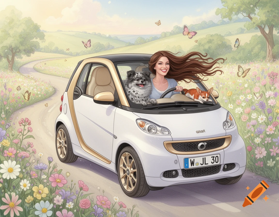 Whimsical illustration of a smiling woman driving a white Smart car with gold accents, two dogs, and long hair blowing in the wind on a winding road through a spring field with butterflies.