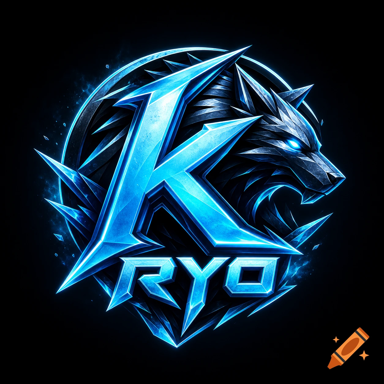 A stylized neon ice-blue letter K and RYO text forming a gaming logo with a dark, metallic wolf head, set against a dark background with blue glowing accents.