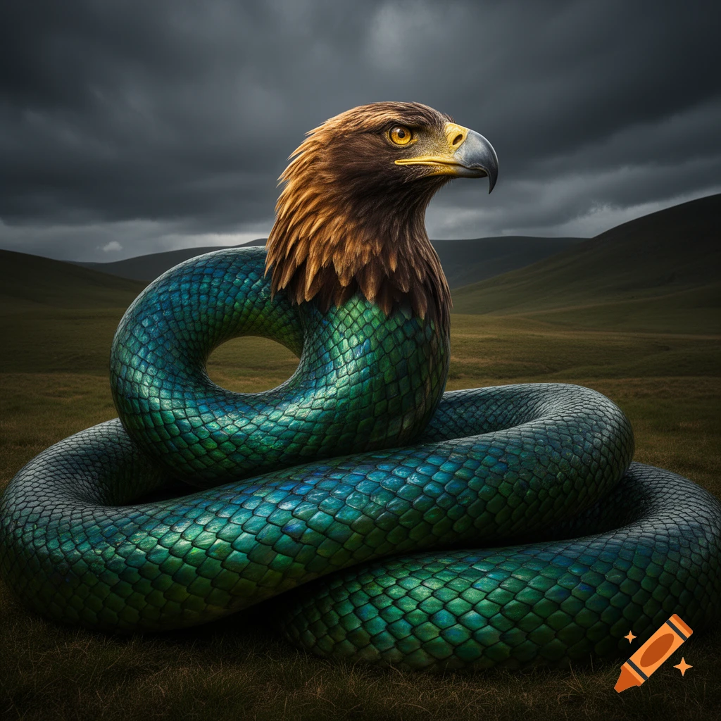 A photorealistic creature with an eagle head and a coiled, iridescent green-blue serpent body in a grassy field under a stormy sky.