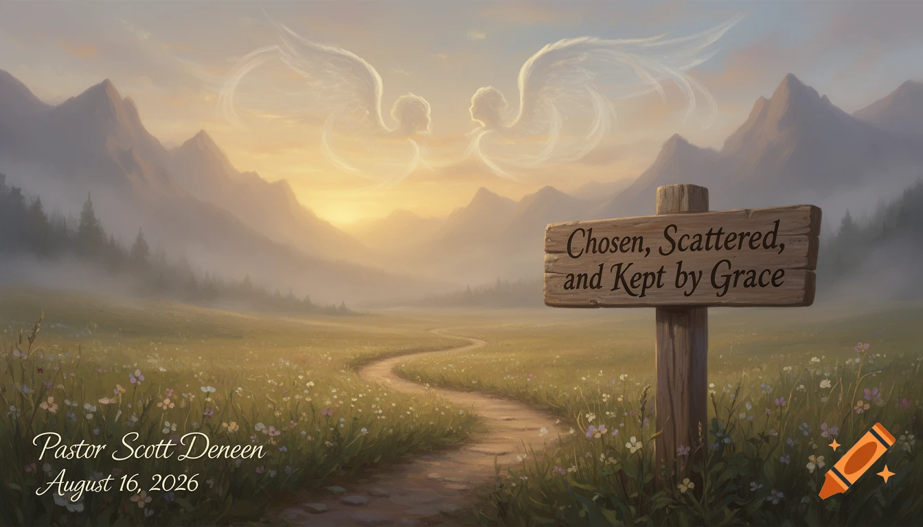Painterly landscape with a path, flowery meadow, and mountains at sunset. Cloud formations resemble two winged figures. A sign reads 'Chosen, Scattered, and Kept by Grace'. Pastor Scott Deneen, August 16, 2026.