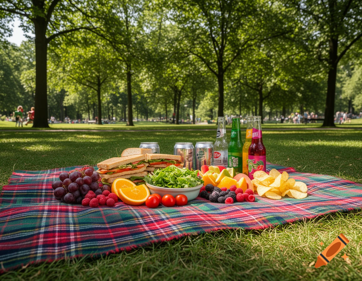 A colorful plaid blanket laid out in a sunny park, covered with sandwiches, fruit, crisps, a green salad, and an assortment of soft drinks.