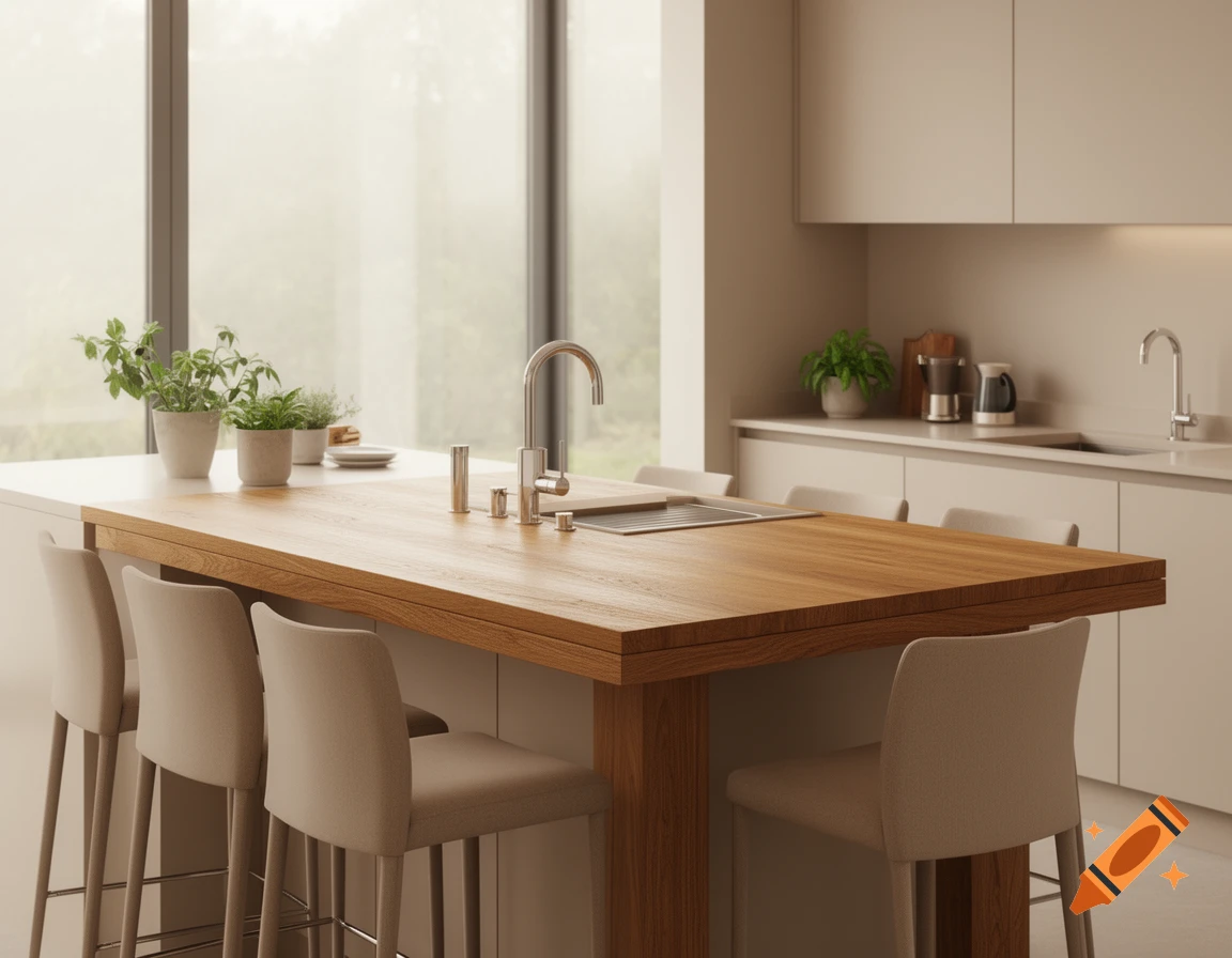 Modern kitchen featuring a large wooden island with a sink, bar stools, and potted plants, against a backdrop of large windows.
