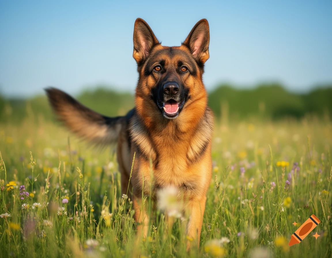 A happy, photorealistic German Shepherd standing in a sunny field of green grass and wildflowers under a clear blue sky.