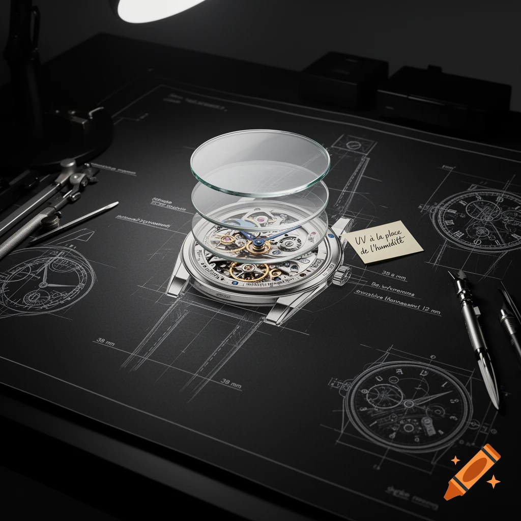 An exploded view of a watch mechanism with two glass layers on top, resting on a blueprint with drafting tools and a sticky note.
