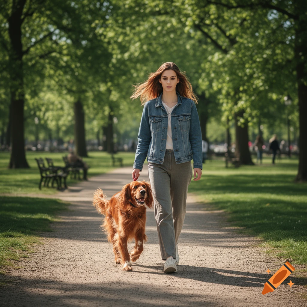 A woman in a denim jacket walks her golden retriever on a sunny path in a park.