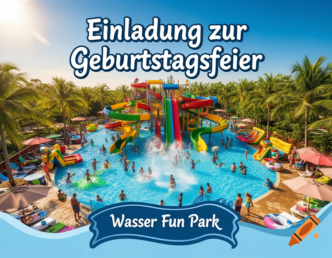 Vibrant water park with colorful slides, people swimming, and palm trees under a sunny sky. Text reads 'Einladung zur Geburtstagsfeier, Wasser Fun Park'.