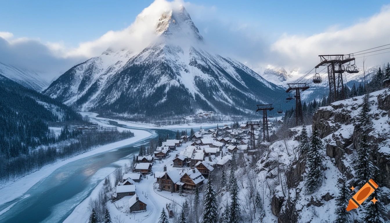 A photorealistic winter landscape shows a snowy village next to a partially frozen river in a valley, with ski lifts leading up a towering, cloud-capped mountain.