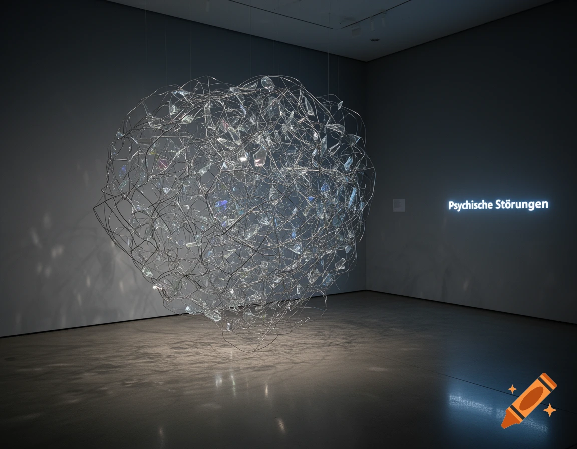 Abstract wire and glass sculpture in a dim museum gallery next to an illuminated sign reading "Psychische Störungen".