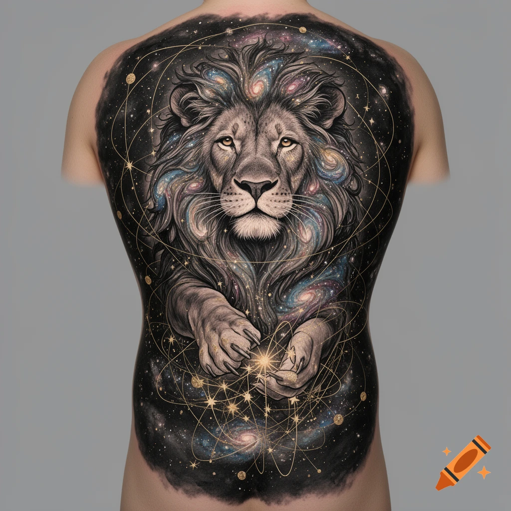 A full back tattoo of a cosmic lion, its mane formed by galaxies and stars, holding glowing stars in its paws within a dark universe with golden lines.