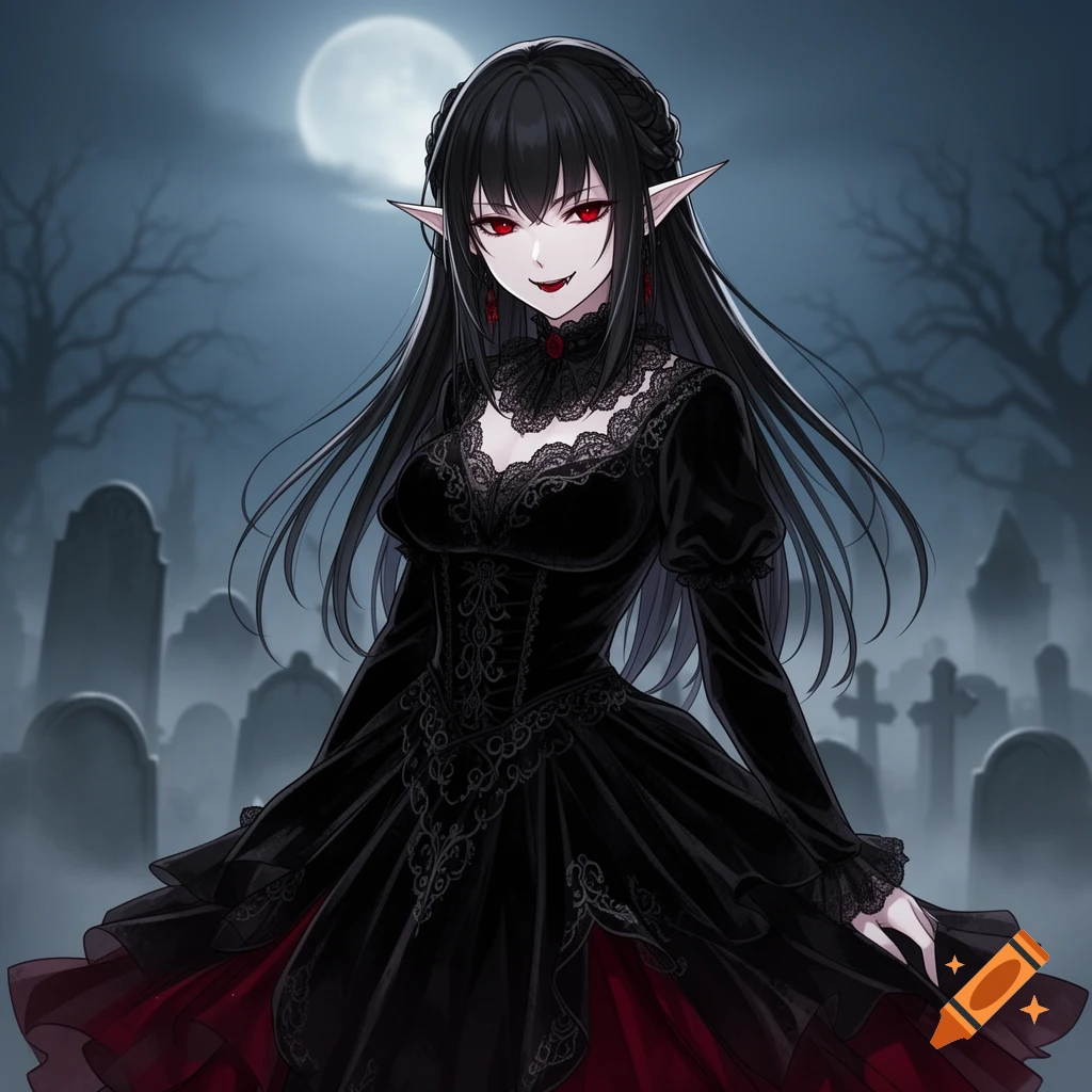 An anime vampire girl with long black hair, red eyes, and fangs, wearing a black gothic lace dress in a graveyard under a full moon.