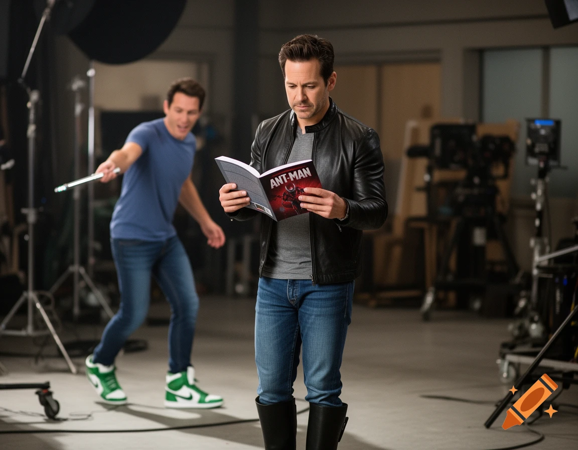 Paul Rudd in a leather jacket reads an Ant-Man book in a film studio as Jeremy Renner, holding a laser pointer, approaches.
