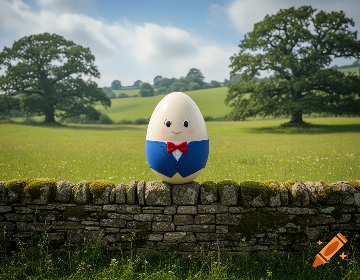 A friendly, cartoon Humpty Dumpty in a blue suit and red bow tie sits on a mossy stone wall in a green field.