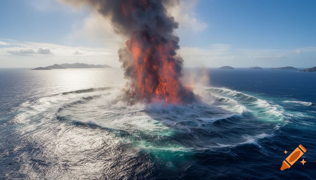 A massive fiery explosion erupts from the ocean, creating large waves and smoke, with distant islands under a blue sky.