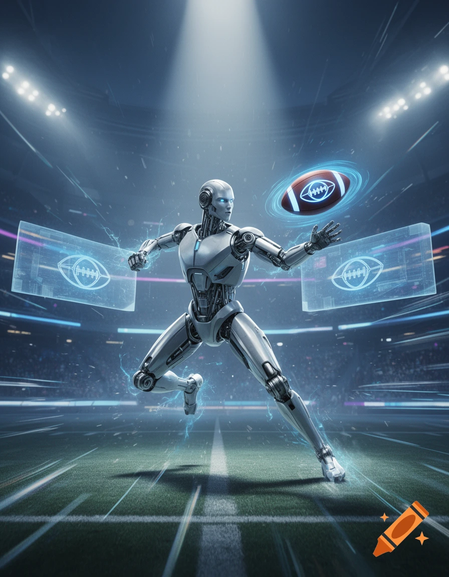 A sleek silver robot catches an American football in a futuristic, brightly lit stadium with holographic screens and glowing energy effects.