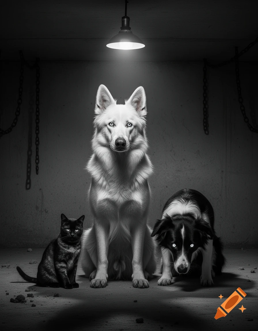 A white Swiss Shepherd, a black cat, and a Border Collie with glowing eyes sit in a dark, concrete room under a bare lightbulb.