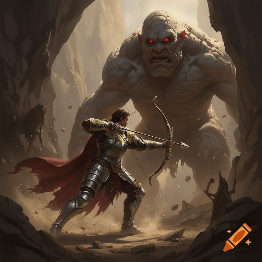 A man in silver and gold armor with a red cape draws a bow, aiming at a massive, grey, red-eyed monster in a rocky cavern.