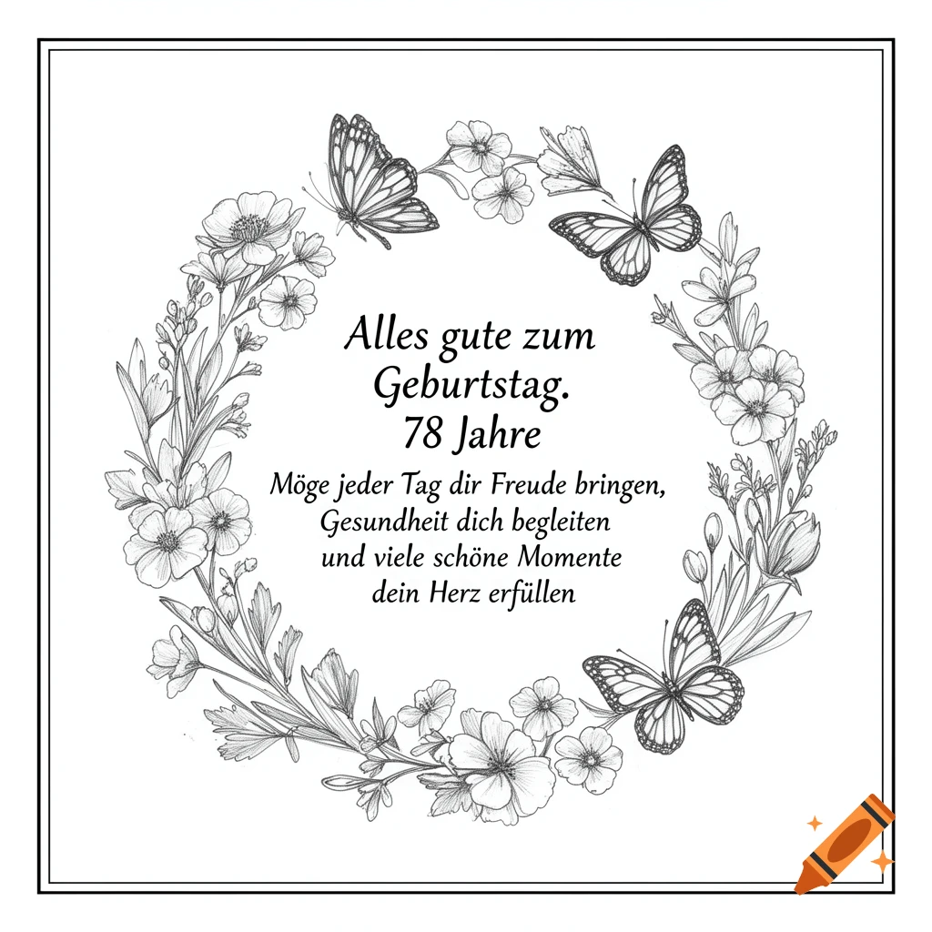Black and white sketch birthday greeting card with a floral wreath, butterflies, and German text.